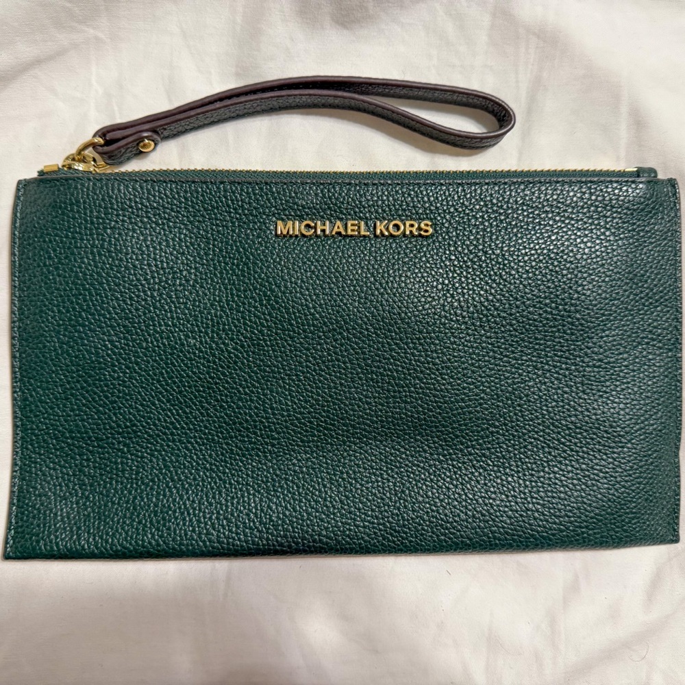 Michael Kors Green Leather Wristlet with Gold Accents